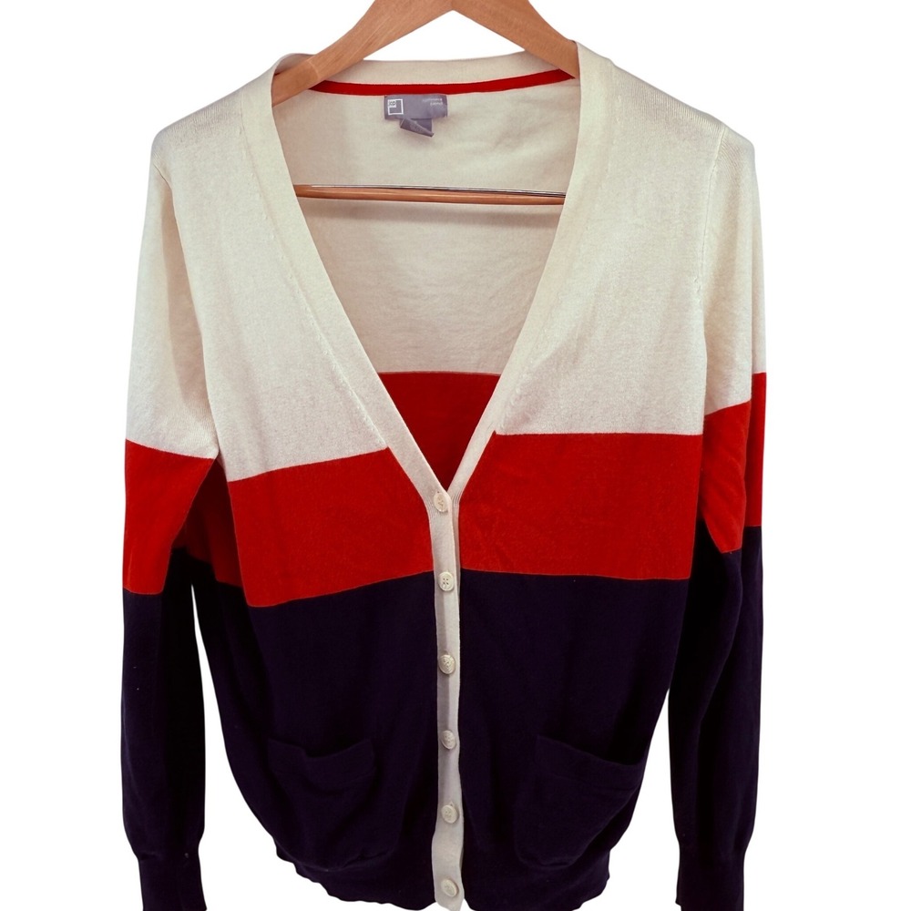 JCPenney Cardigan Sweater Women XL Colorblock Navy Red Cream Cashmere Blend